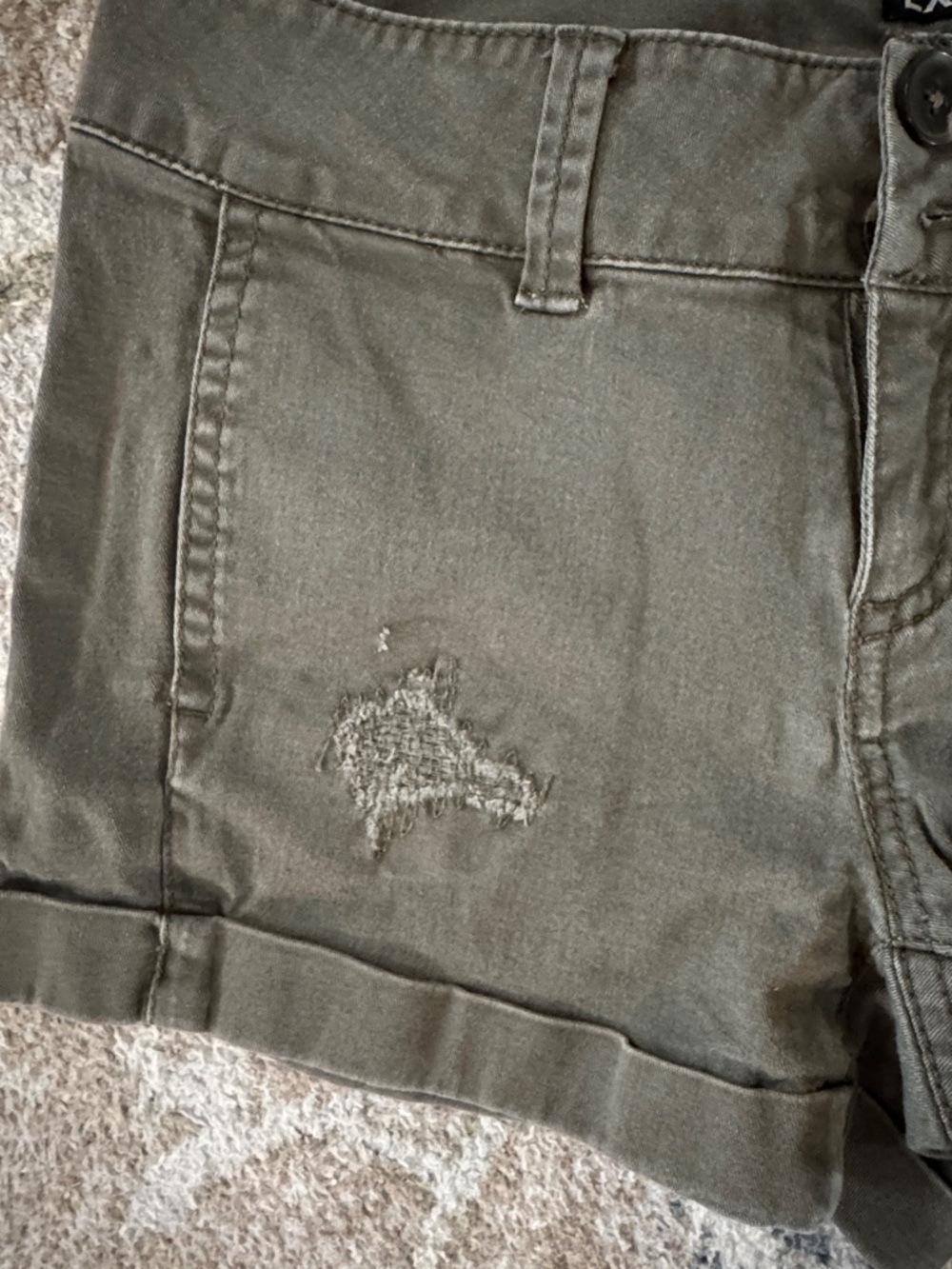 Express Olive Green - Brown Distressed Denim Shorts sz 00 - Picture 2 of 8